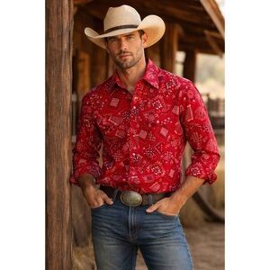 H Bar C Vintage Ranchwear Shirt Pearl Snap Buttons Bandana Western Show Sz L